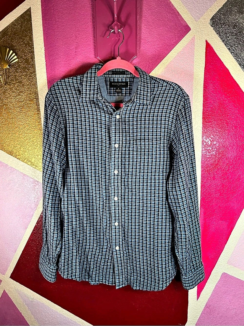 Banana Republic Standard Fit Blue Check Button Up Shirt Men's Small